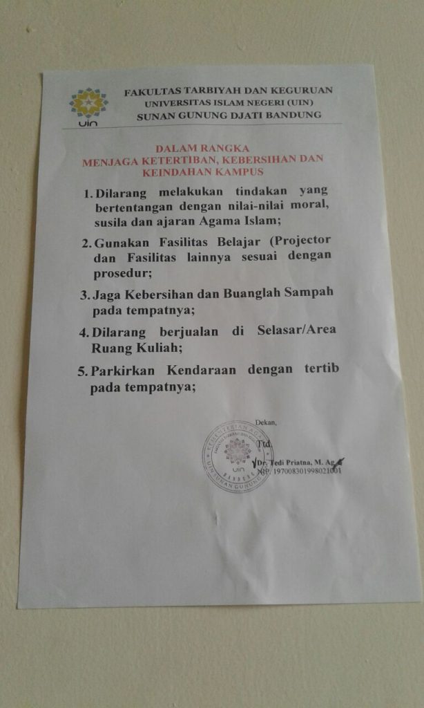 Lima poin imbauan yang dikeluarkan Fakultas Tarbiyah dan Keguruan dalam rangka menjaga ketertiban, kebersihan, dan keindahan Kampus 2 UIN Bandung.