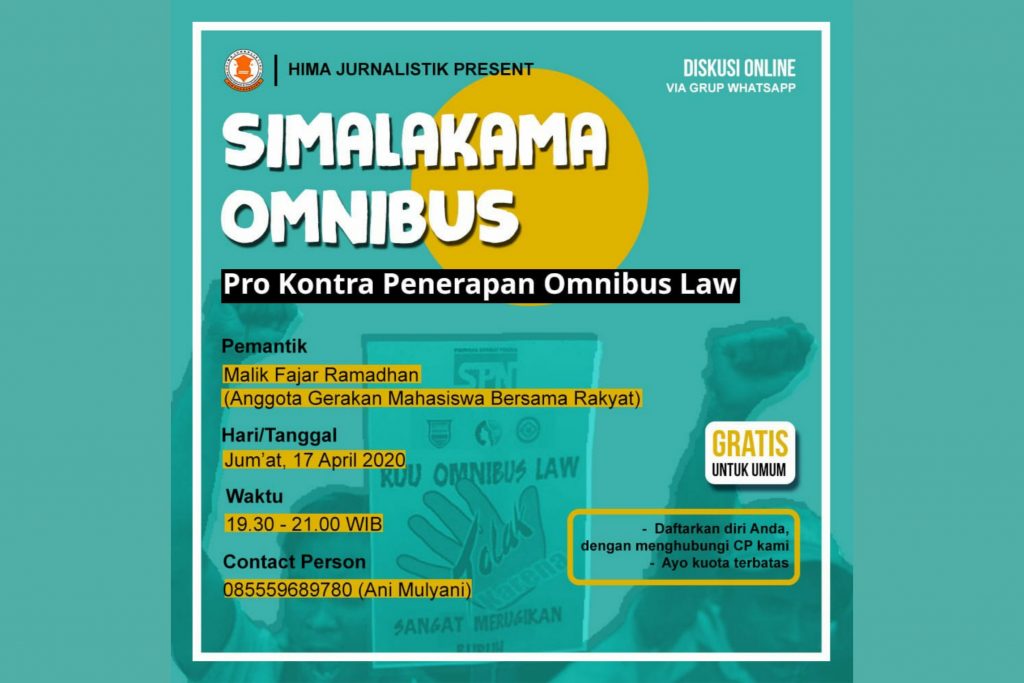 Diskusi Bidang Intelektual dan Sosial Hima Jurnalistik bersama Anggota Gerakan Mahasiswa Bersama Rakyat, Malik Fajar Ramadhan terkait Omnibus Law